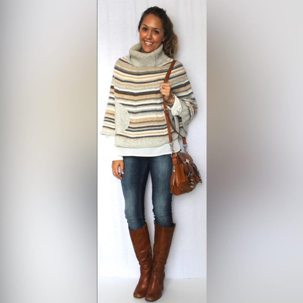 GAP Cream and Gray Turtleneck Poncho Sweater